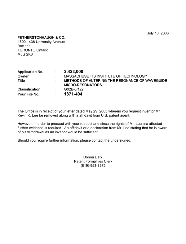 Canadian Patent Document 2423008. Correspondence 20030710. Image 1 of 1