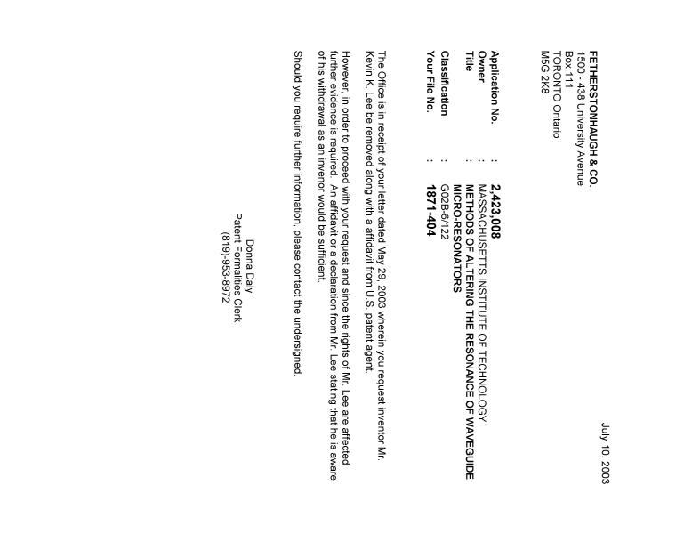 Document de brevet canadien 2423008. Correspondance 20030710. Image 1 de 1