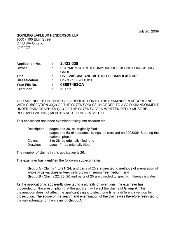 Canadian Patent Document 2423038. Prosecution-Amendment 20090720. Image 1 of 3