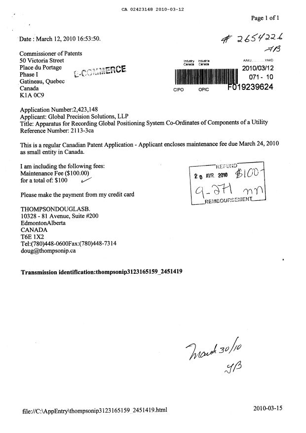 Canadian Patent Document 2423148. Fees 20100312. Image 1 of 1