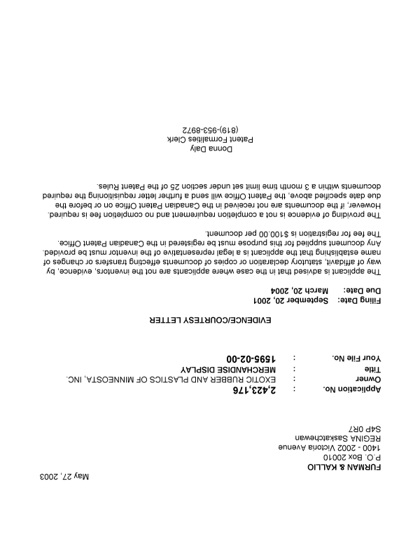 Document de brevet canadien 2423176. Correspondance 20030521. Image 1 de 1