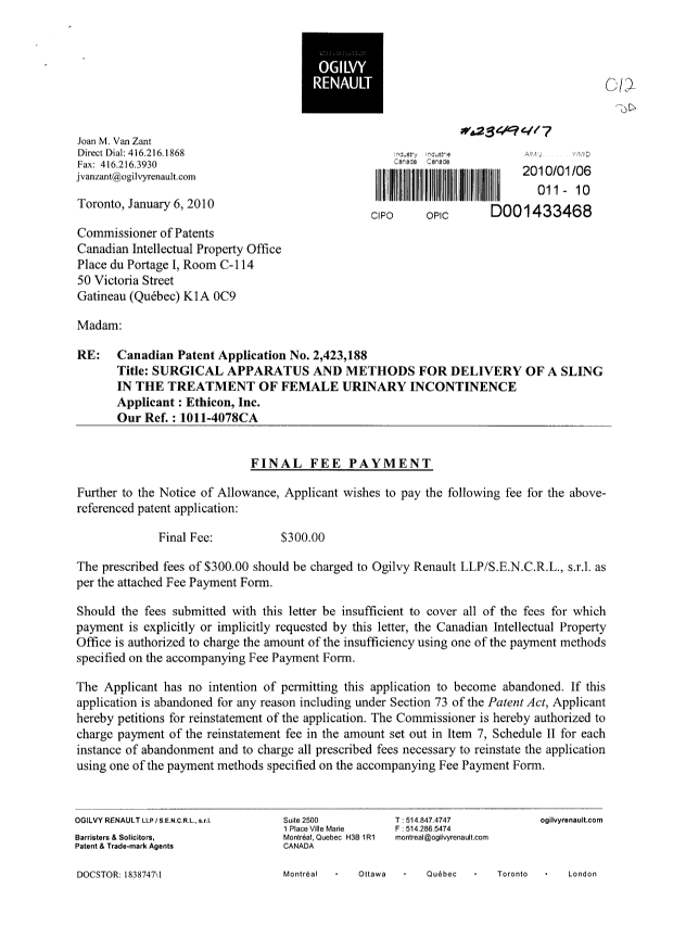 Document de brevet canadien 2423188. Correspondance 20100106. Image 1 de 2