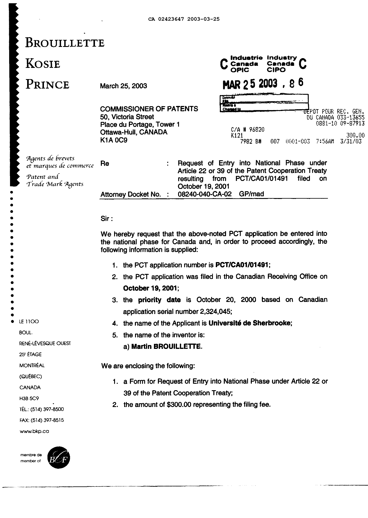 Canadian Patent Document 2423647. Assignment 20030325. Image 1 of 4