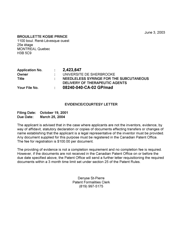 Document de brevet canadien 2423647. Correspondance 20030528. Image 1 de 1