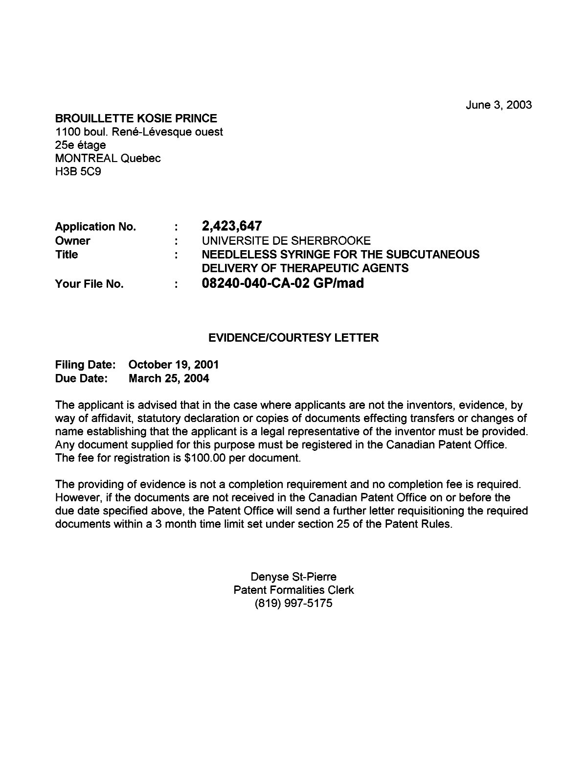 Canadian Patent Document 2423647. Correspondence 20030528. Image 1 of 1