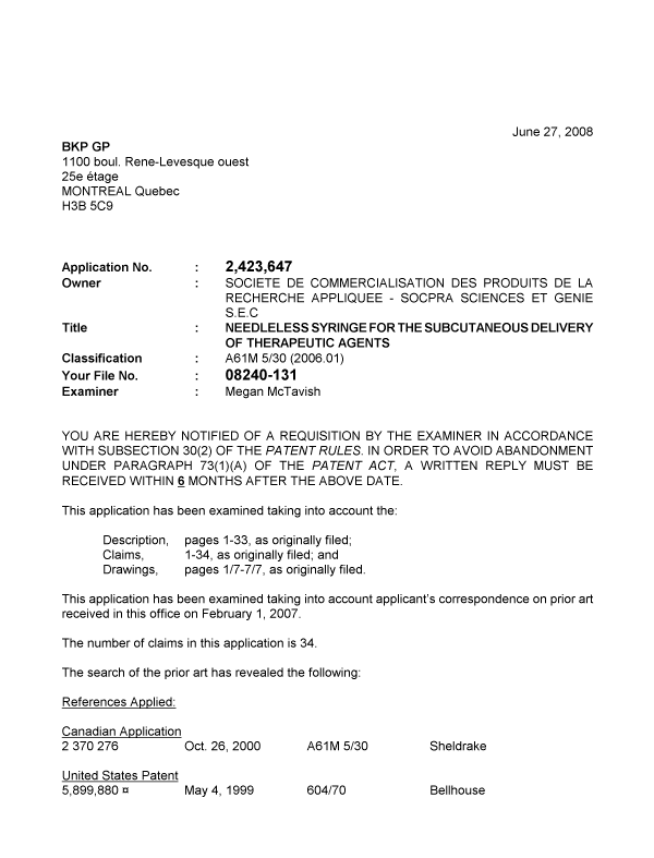 Canadian Patent Document 2423647. Prosecution-Amendment 20080627. Image 1 of 4