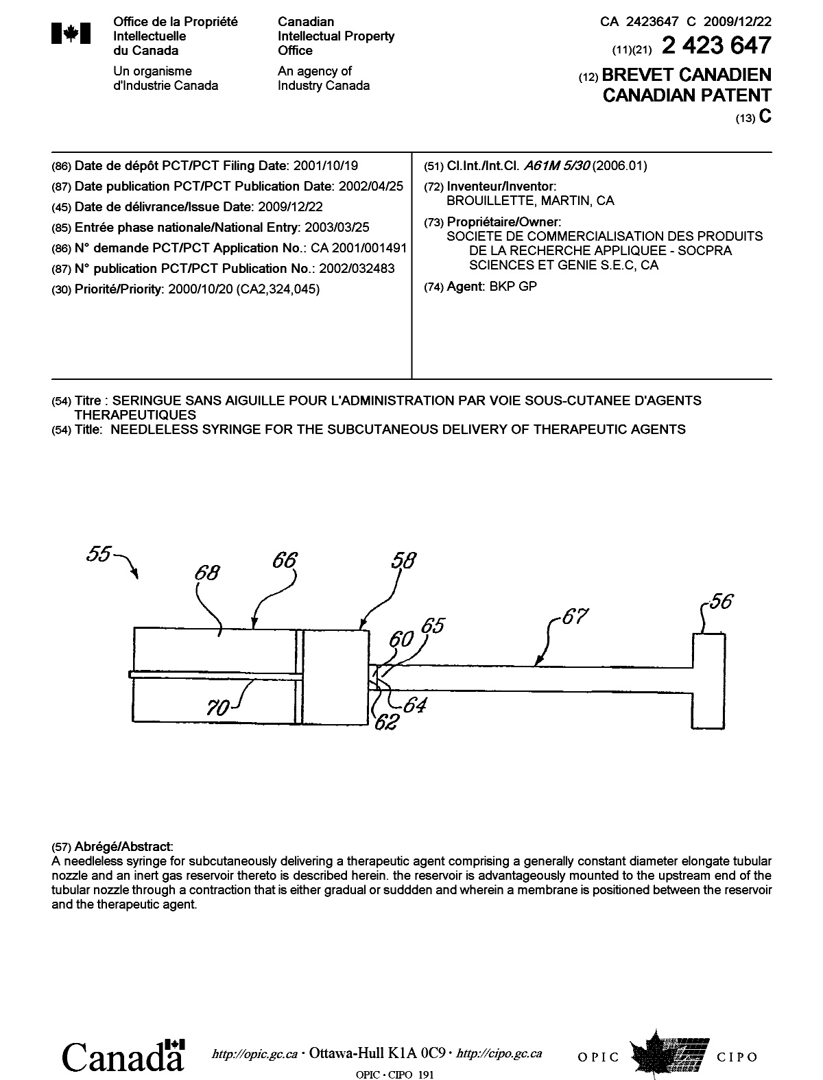 Canadian Patent Document 2423647. Cover Page 20091130. Image 1 of 1