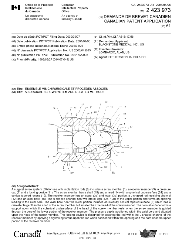 Document de brevet canadien 2423973. Page couverture 20021202. Image 1 de 1