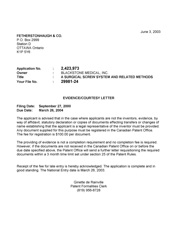 Canadian Patent Document 2423973. Correspondence 20021229. Image 1 of 1