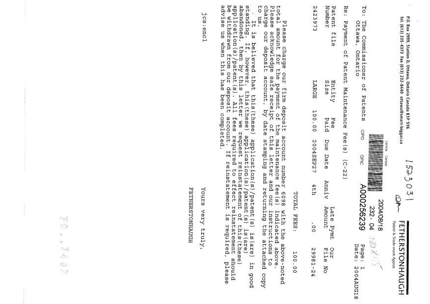 Document de brevet canadien 2423973. Taxes 20031218. Image 1 de 1