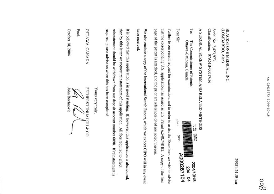 Document de brevet canadien 2423973. Poursuite-Amendment 20031218. Image 1 de 1