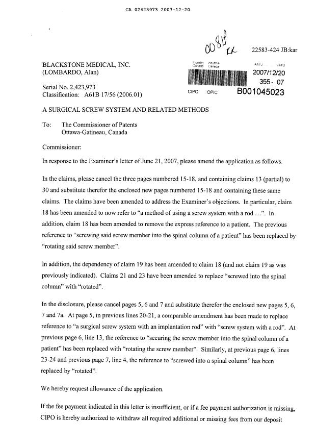 Canadian Patent Document 2423973. Prosecution-Amendment 20061220. Image 1 of 10