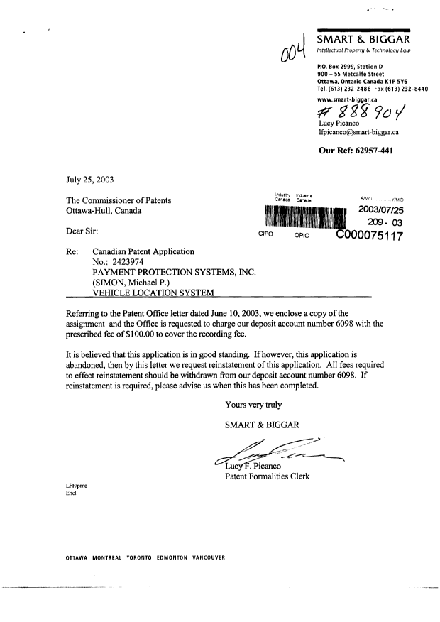 Document de brevet canadien 2423974. Cession 20030725. Image 1 de 5