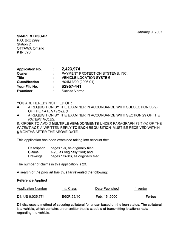 Canadian Patent Document 2423974. Prosecution-Amendment 20070109. Image 1 of 4