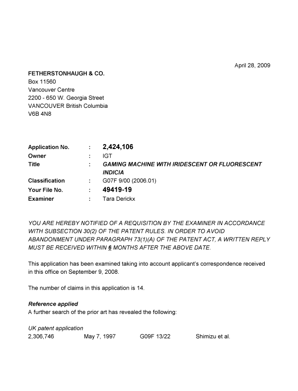 Canadian Patent Document 2424106. Prosecution-Amendment 20090428. Image 1 of 3