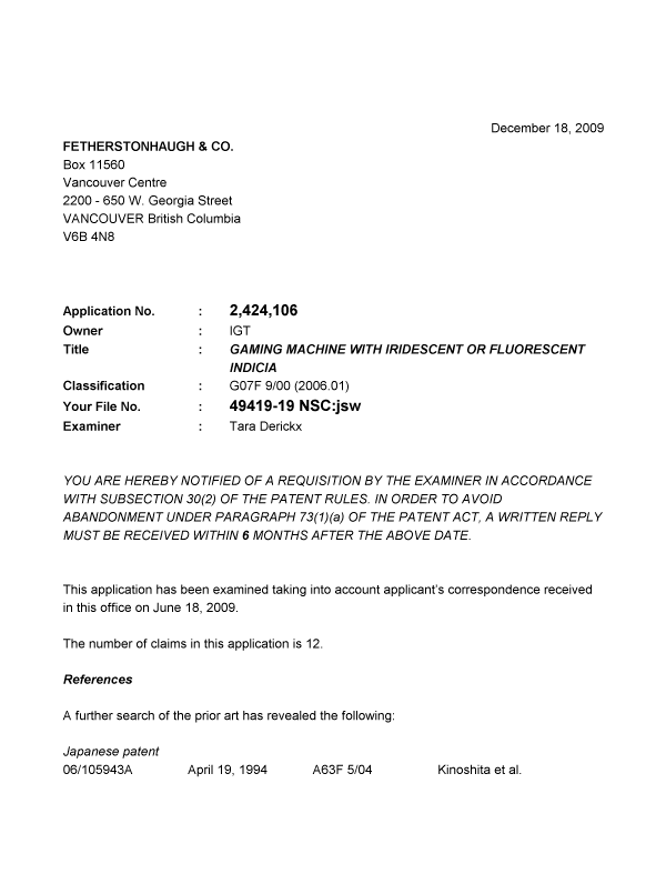 Canadian Patent Document 2424106. Prosecution-Amendment 20091218. Image 1 of 3