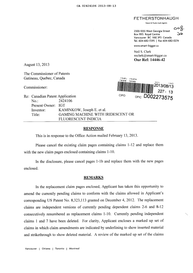 Canadian Patent Document 2424106. Prosecution-Amendment 20130813. Image 1 of 29