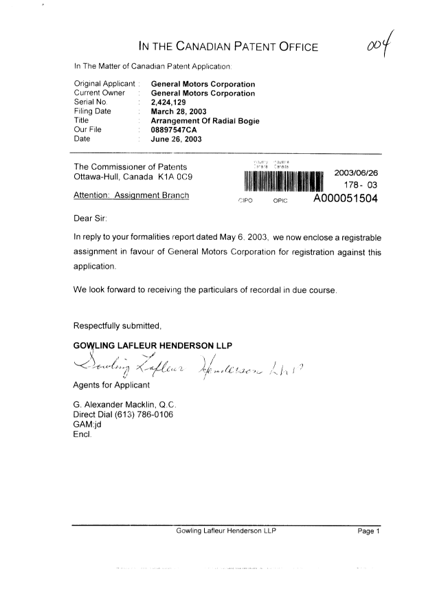 Document de brevet canadien 2424129. Cession 20030626. Image 1 de 5