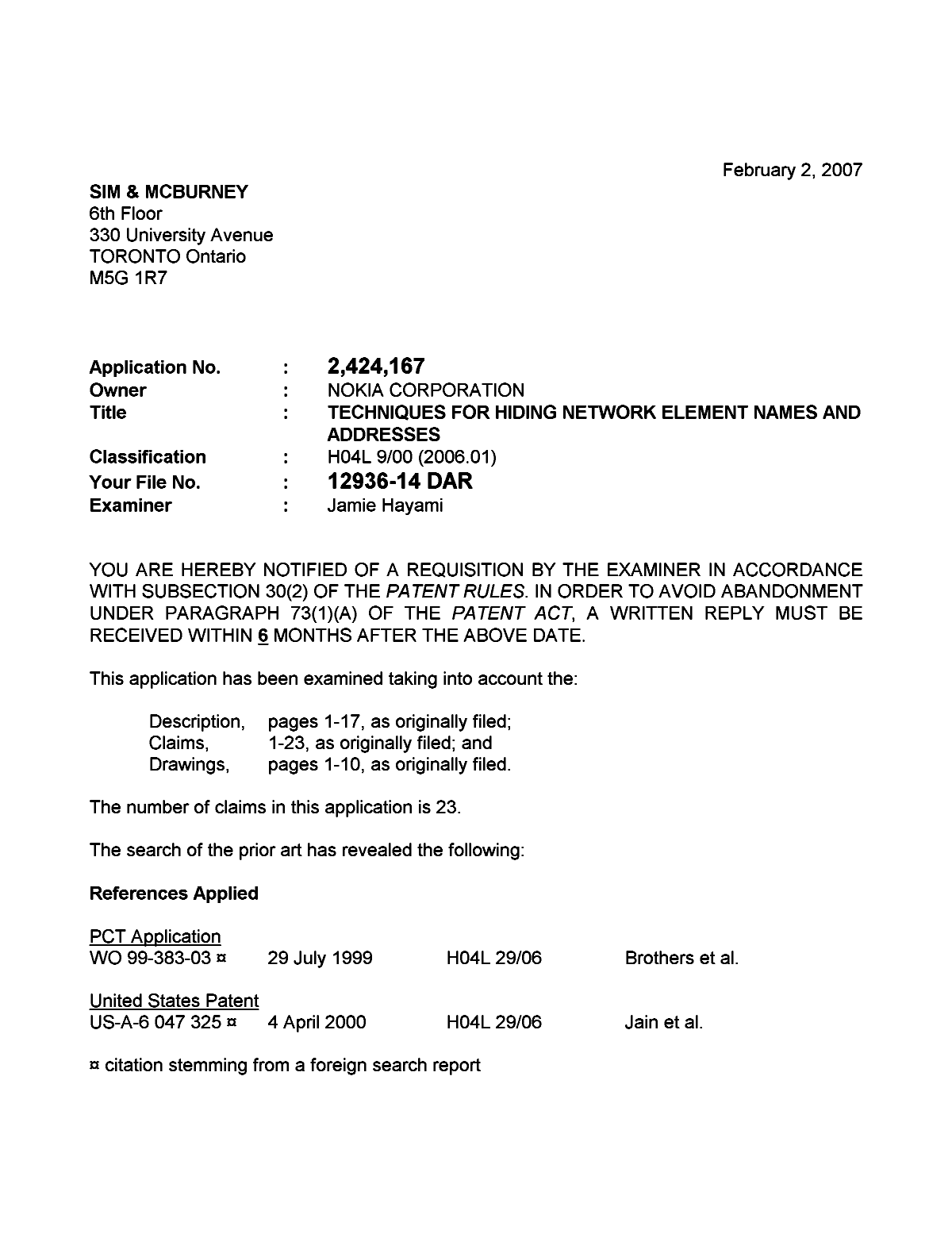 Canadian Patent Document 2424167. Prosecution-Amendment 20070202. Image 1 of 3