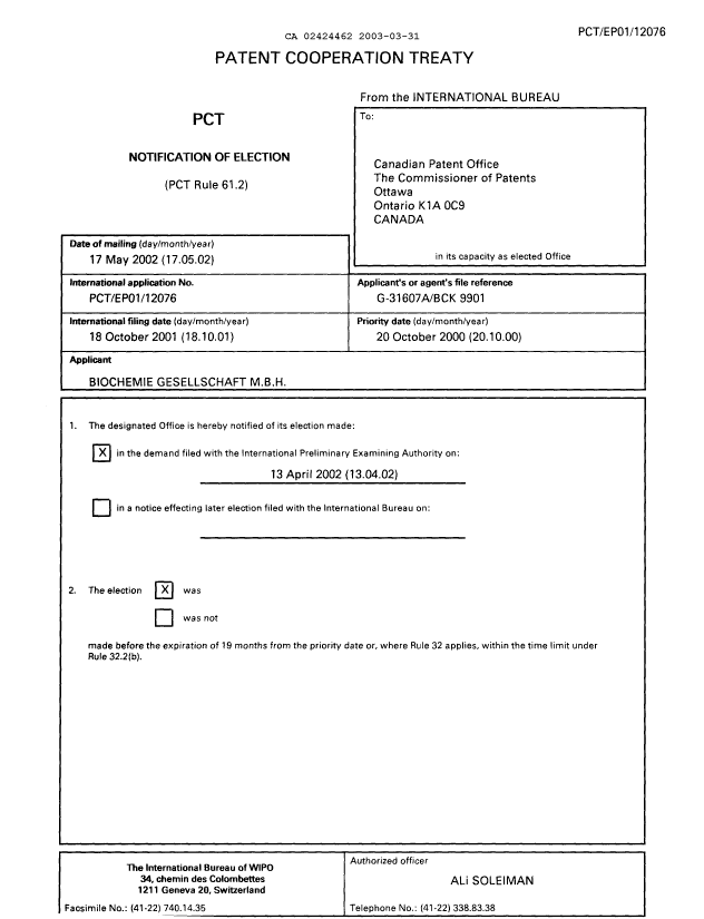 Document de brevet canadien 2424462. PCT 20030331. Image 1 de 3