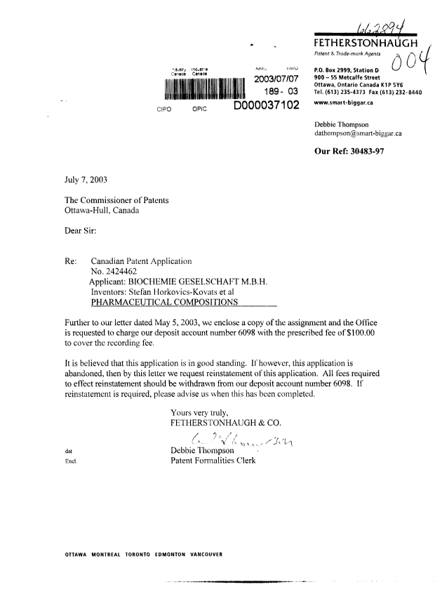 Document de brevet canadien 2424462. Cession 20030707. Image 1 de 2