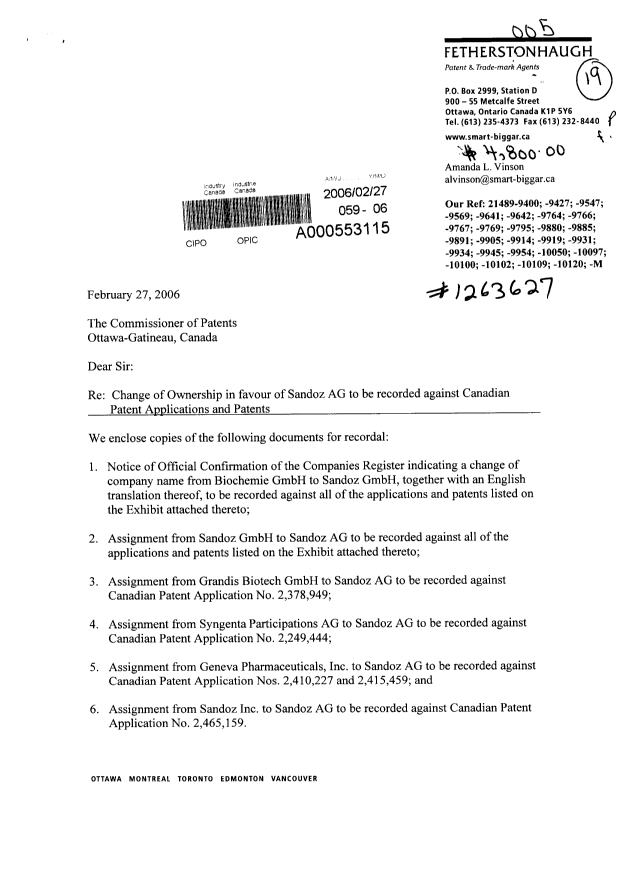 Document de brevet canadien 2424462. Cession 20060227. Image 1 de 13