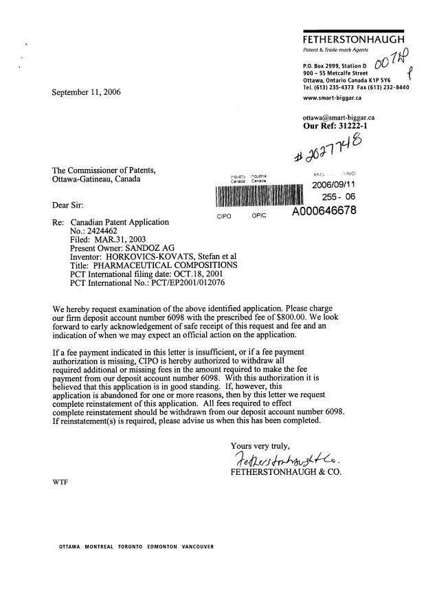 Document de brevet canadien 2424462. Poursuite-Amendment 20060911. Image 1 de 1