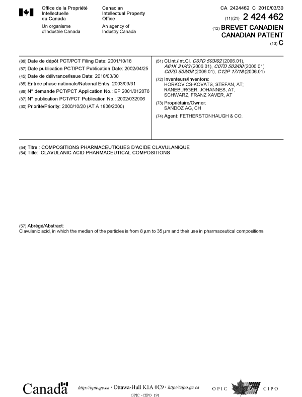 Document de brevet canadien 2424462. Page couverture 20100303. Image 1 de 1