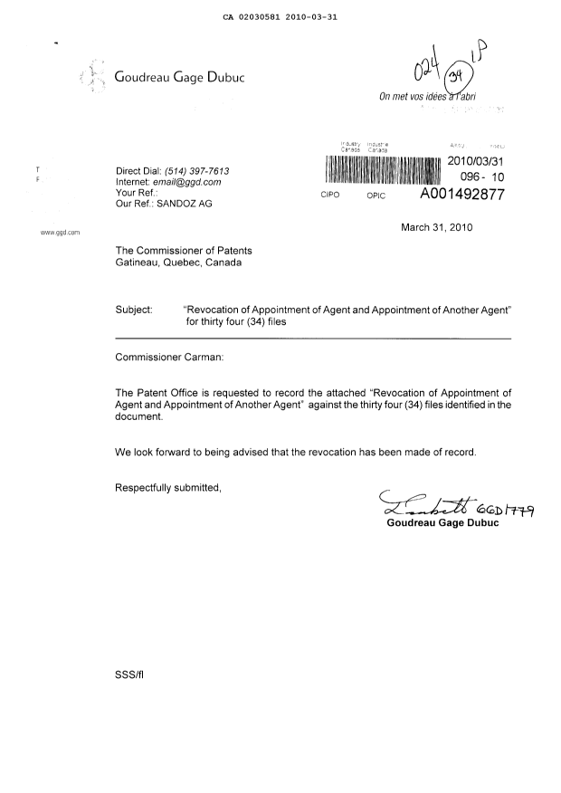 Document de brevet canadien 2424462. Correspondance 20100331. Image 1 de 4
