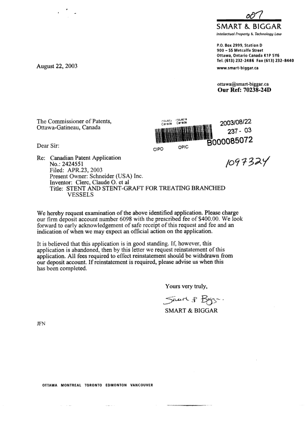 Canadian Patent Document 2424551. Prosecution-Amendment 20021222. Image 1 of 1