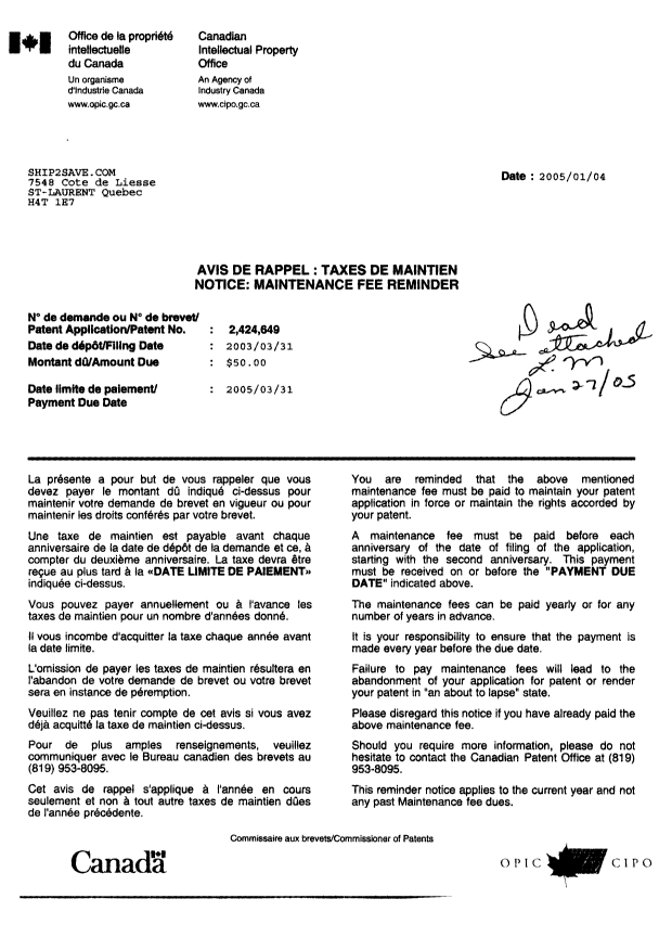 Canadian Patent Document 2424649. Correspondence 20041204. Image 1 of 5