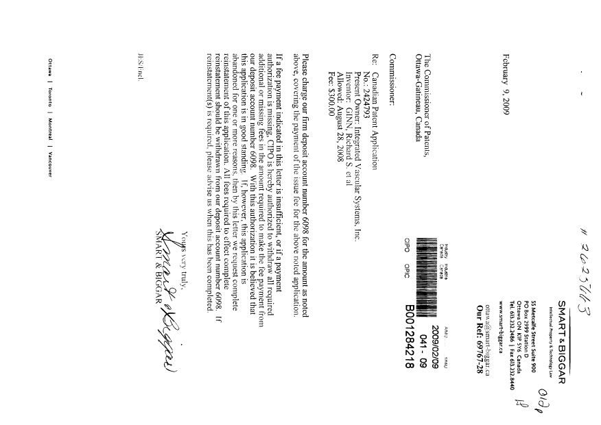 Canadian Patent Document 2424793. Correspondence 20090209. Image 1 of 1