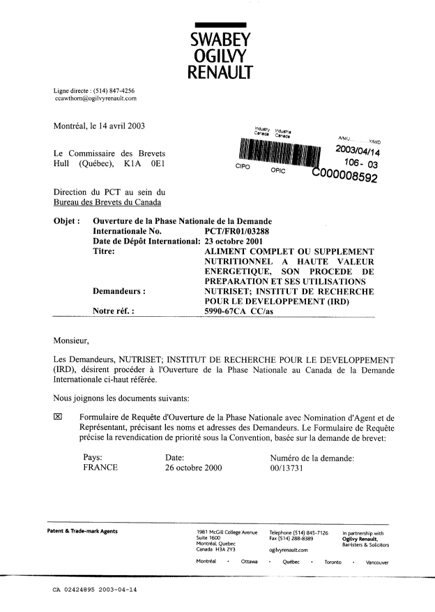 Document de brevet canadien 2424895. Cession 20030414. Image 1 de 3