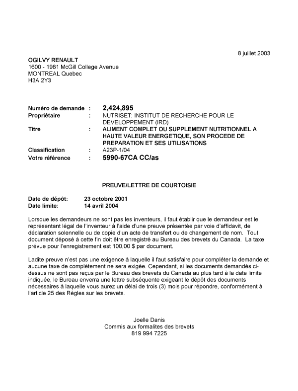 Document de brevet canadien 2424895. Correspondance 20030627. Image 1 de 1