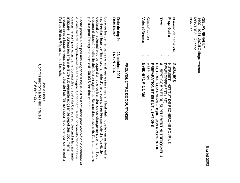 Canadian Patent Document 2424895. Correspondence 20030627. Image 1 of 1
