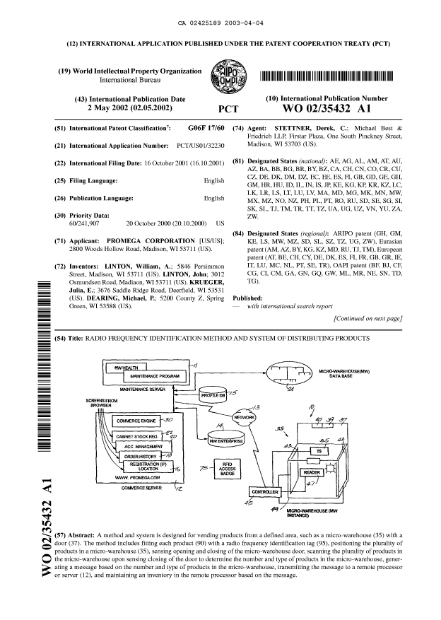 Document de brevet canadien 2425189. Abrégé 20030404. Image 1 de 2