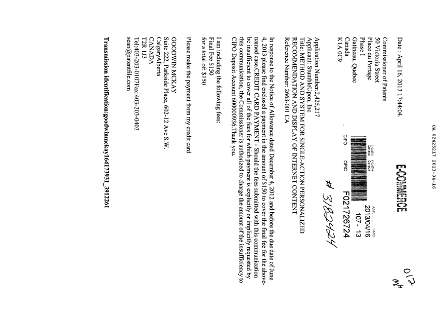 Canadian Patent Document 2425217. Correspondence 20130416. Image 1 of 1