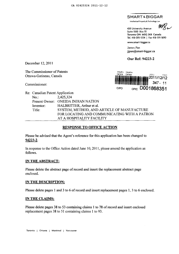 Canadian Patent Document 2425324. Prosecution-Amendment 20111212. Image 1 of 23