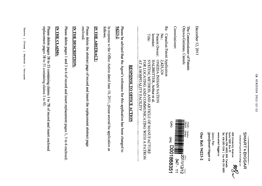 Document de brevet canadien 2425324. Poursuite-Amendment 20111212. Image 1 de 23