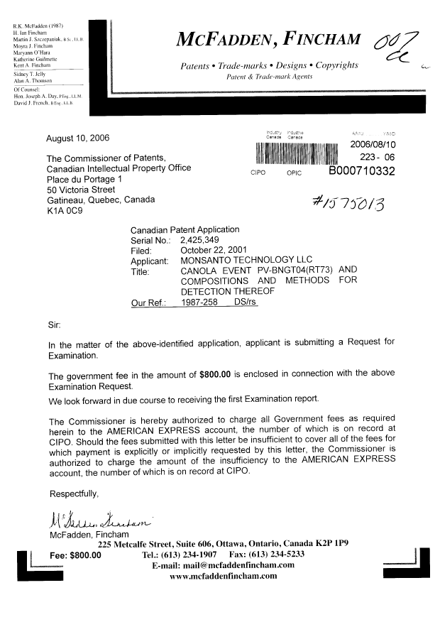 Canadian Patent Document 2425349. Prosecution-Amendment 20060810. Image 1 of 1