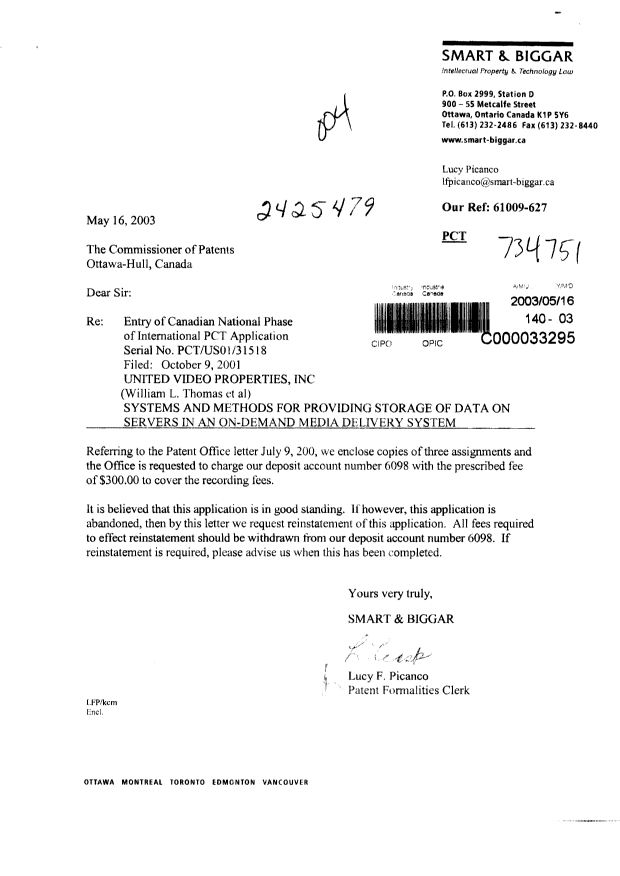Document de brevet canadien 2425479. Cession 20030516. Image 1 de 19