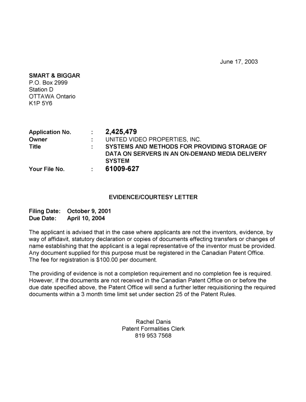 Canadian Patent Document 2425479. Correspondence 20030613. Image 1 of 1