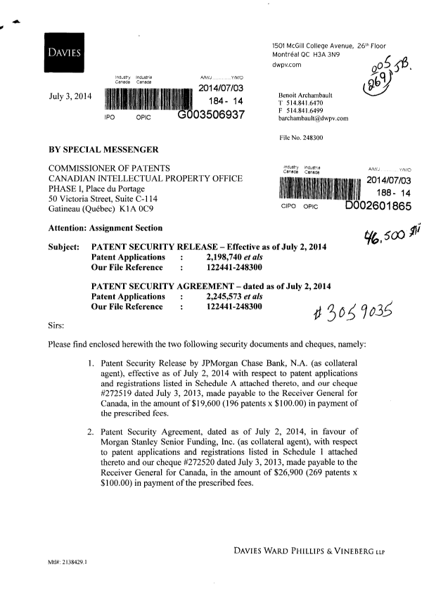 Document de brevet canadien 2425482. Cession 20140703. Image 1 de 22