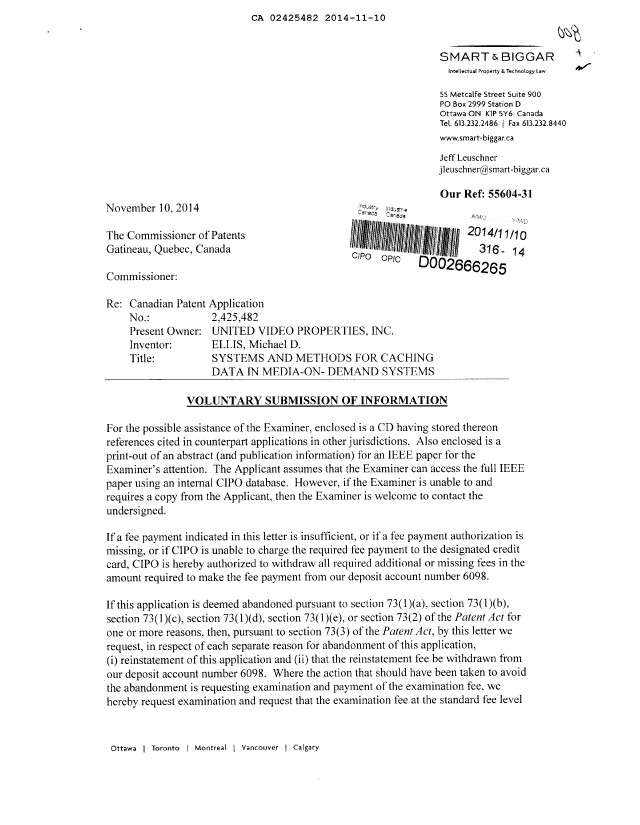 Document de brevet canadien 2425482. Correspondance de la poursuite 20141110. Image 1 de 2