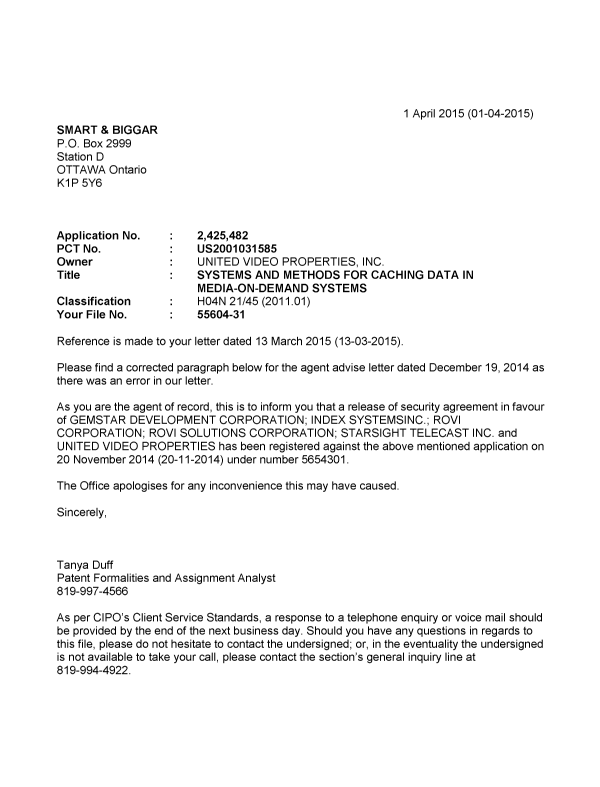 Document de brevet canadien 2425482. Correspondance 20150401. Image 1 de 1