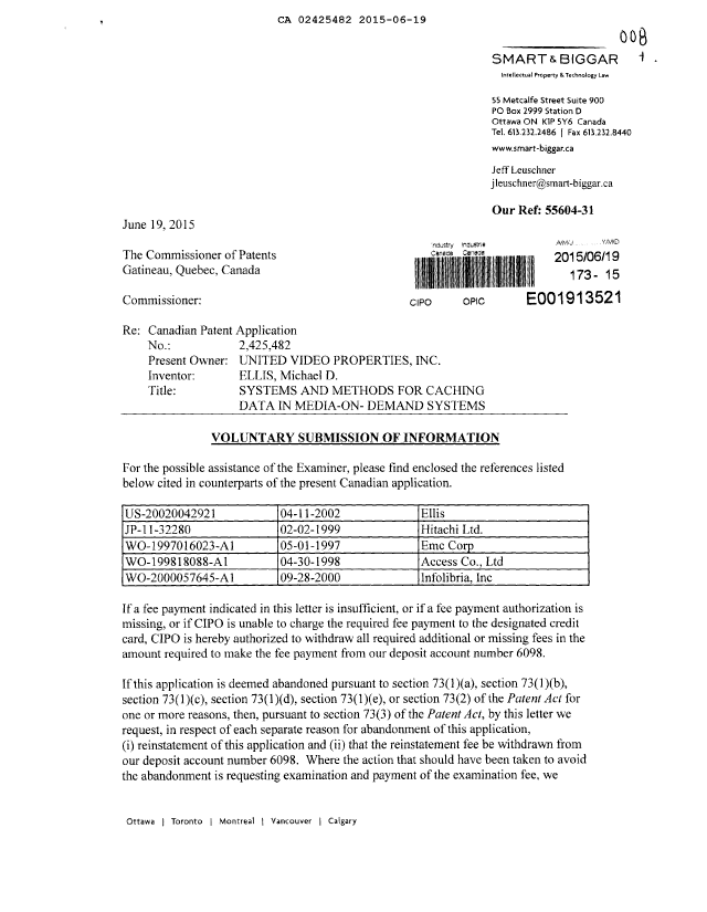 Document de brevet canadien 2425482. Correspondance de la poursuite 20150619. Image 1 de 2