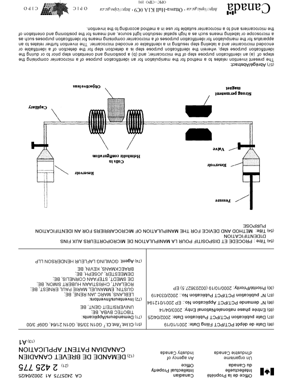 Canadian Patent Document 2425775. Cover Page 20030617. Image 1 of 1