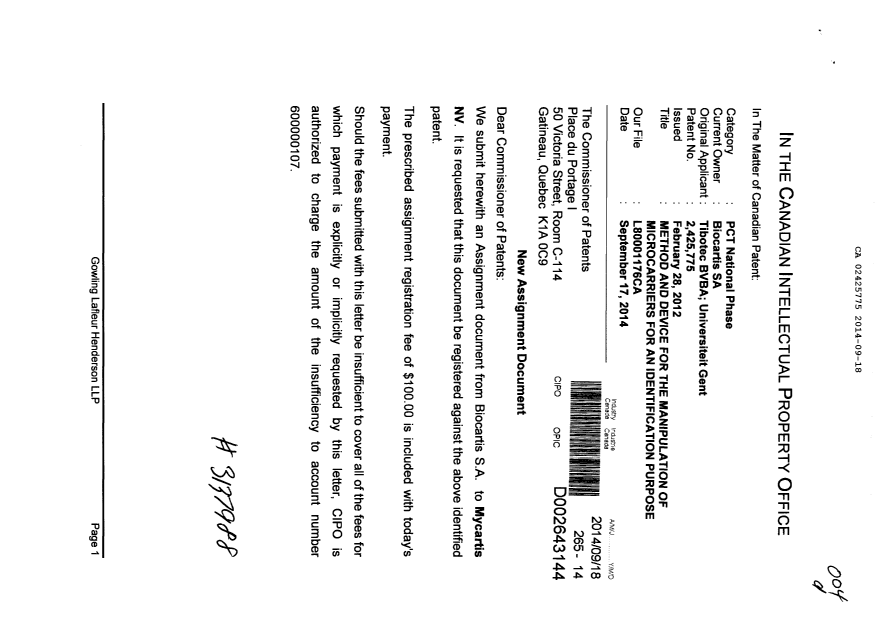 Canadian Patent Document 2425775. Assignment 20140918. Image 1 of 4