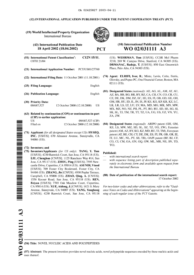 Document de brevet canadien 2425827. Abrégé 20030411. Image 1 de 1