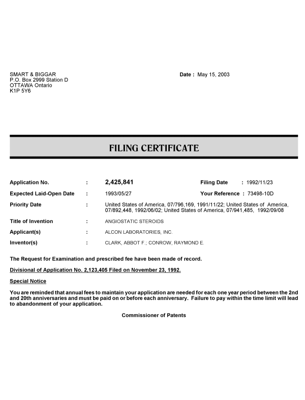Canadian Patent Document 2425841. Correspondence 20030515. Image 1 of 1